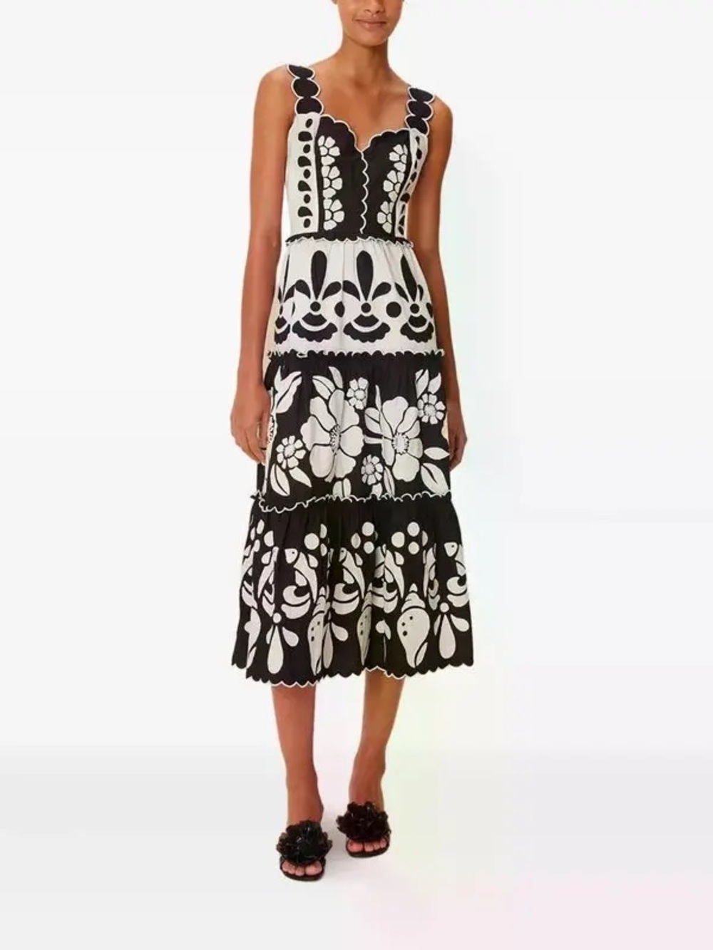 Farm Rio Floral Black White Scalloped Tiered Midi Dress Resortwear Women’s S